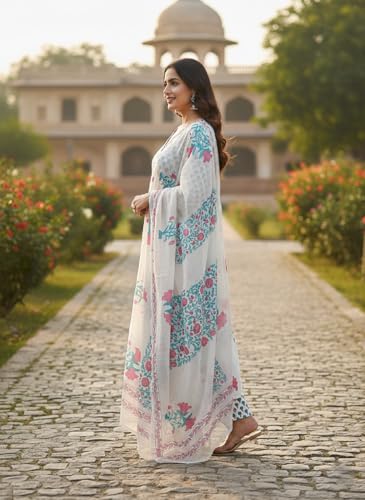 Image of Leriya Fashion Kurta Sets for Woman | Kurti Set for Woman | Anarkali Suit for Women | White Kurta Set for Women with Dupatta | Traditional Anarkali Salwar Suit for Party Outfits Kurtis