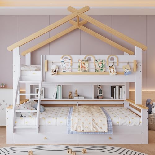 Merax Etagenbett, Kinderbett, Zwei Schubladen mit Rollen, Exquisite dekorative Leitplanke und Dachdesign, Vierstöckige schräge Treppe, Kiefer + MDF, Weiß+Natur, 90x200cm&120x200cm
