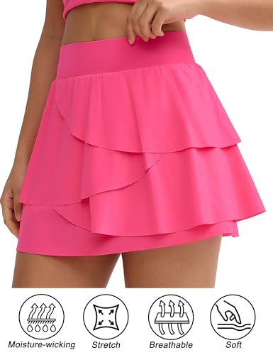 THE GYM PEOPLE Women's Tiered Petal Tennis Skirts Ruffle Golf Skorts Built-in Shorts with Pockets Bright Pink — view 3