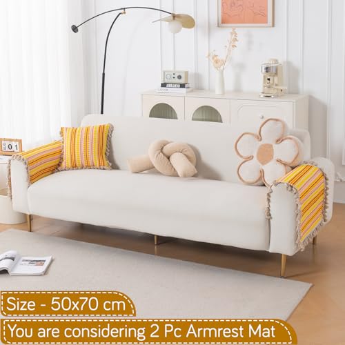 Image of HOKIPO 'Artisan Boho Series' Sofa Arm Cover with Tassel | 450 GSM Thick Cotton Acrylic Jacquard Fabric Armrest Mat Size 50x70 cm, Pack of 2, Mustard Yellow (IN-899-A1*2SM)