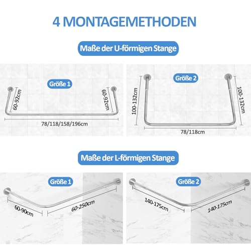 Duschvorhangstange U Form/L Form, [60-92] × [78-196] × [60-92] cm Verstellbare Duschstange Ecke mit 12 Vorhangringen & Deckenstütze für Badewanne/Badezimmer, Bohr-Montage Erforderlich, Silber