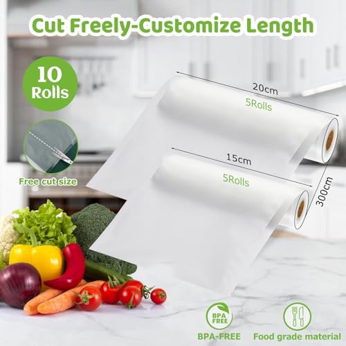 Omtofo Vakuumier Folienrollen, 5 Rollen 15x300cm + 5 Rollen 20x300cm Reißfest, BPA-frei, Vakuumbeutel für Vakuumierer Lebensmittel Vakuumiergerät, Kochfest und Sous Vide Gefrierbeutel