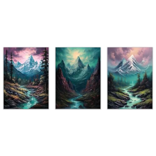 Tableau rivière et arbres d'art JOSUE | Set de 3 toiles paysage de montagne élégantes pour maison
