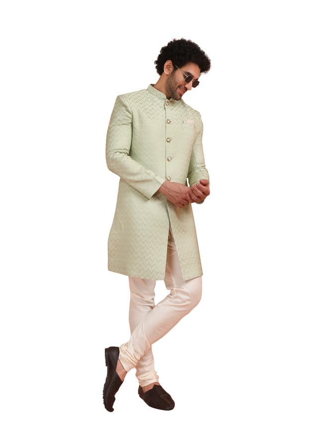 Kisah Men Green Jacquard Indowestern Sherwani Churidar Set With Geometric, 42