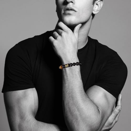 10MM Black Onyx Stone Initial Bracelet for Men Letter Link Handmade Tiger Eye Bead Braided Rope Bracelet Gifts Mens Bracelet (M)2