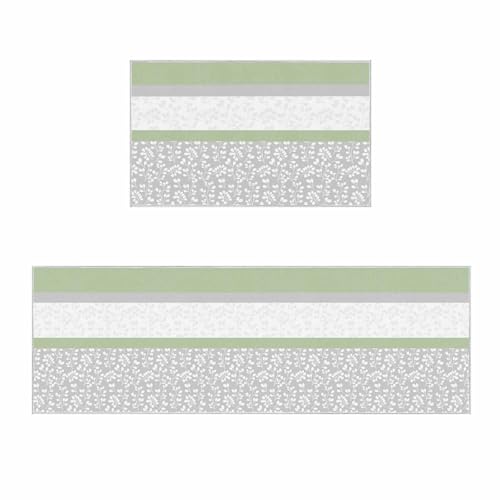 2 Pieces Kitchen Rugs and Mats,Farmhouse Flower Design Area Runner Rug Set Non Slip Floor Doormat Washable Carpet Standing Mat for Kitchen Sink Indoor Corridor,Green Grey White Stripe Stitching