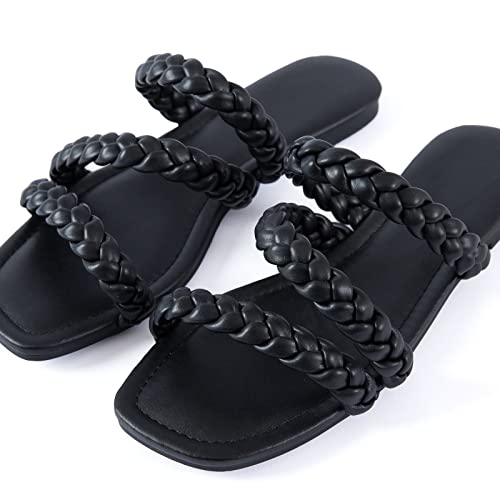 Image of Mtzyoa Women's Strappy Flat Sandals with Toe Ring | Lightweight Walking Slides | Summer Beach Wedding Shoes | Black | Casual Dressy Vacation