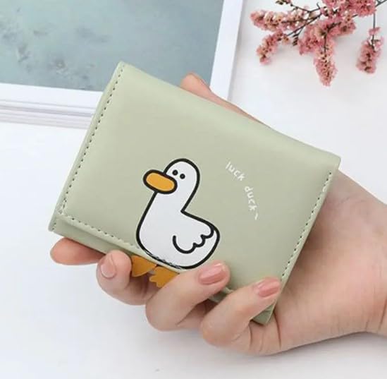 Wallet Women, Cute Duck Cartoon Trifold Wallet, Synthetic Leather Coin Purse with Secure Snap Closure, Compact Credit Card Holder for Women, Funny Design, Cute Wallet (Green)2