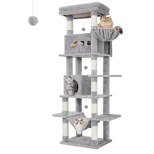 Hzuaneri Kratzbaum groß, 210 cm hoch, Katzenbaum, mit 8 Kratzbäume, 2 Höhlen, groß Plattformen, Waschbare Matte, Hängematte, Plüschbälle,...