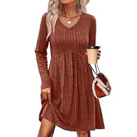 OFEEFAN Babydoll Sweater Dress Empire Waist Maternity Dress Wedding Guest Dresses Knit Ribbed Long Sleeve Fall Boho Dresses Cowboy Chic Halloween Caramel Brown S