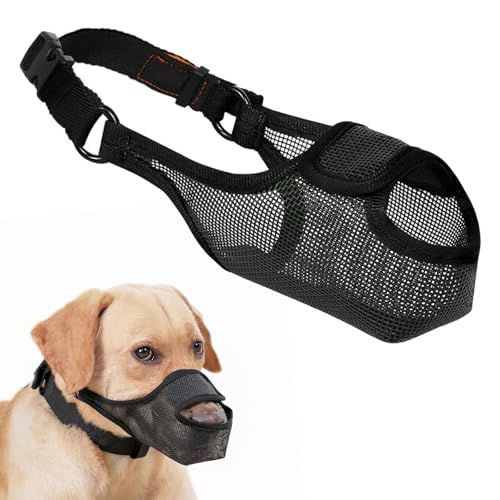 LUCKYPAW Dog Muzzle, Mesh Muzzle for Large Medium Small Dogs Allows Full Pant Drinking Mouth Cover to Prevent Biting Chewing Scavenging Adjustable Breathable (L, Black)
