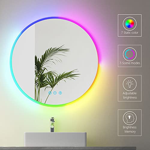 Vlsrka 24 Inch Led Bathroom Mirror With Rgb Color Changing, Lighted Makeup Mirror For Wall, Circle Vanity Mirror With Light Dimming, Round Rgb Mirror Backlit And Frontlit, Waterproof, Fog Free, Memory #TOP7