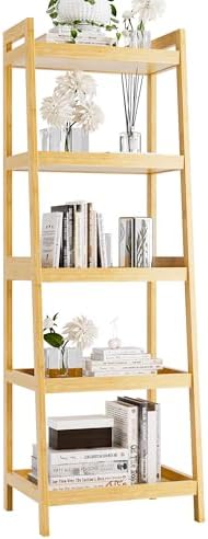 Bookshelf, 5 Tier Ladder Bookcase with Bamboo Frame, Freestanding...