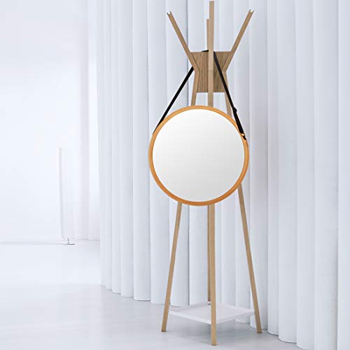 Hanging Round Wall Mirror in Bathroom & Bedroom - Solid Bamboo Frame & Adjustable Leather Strap (Bamboo, 17-3/4") - Image 3