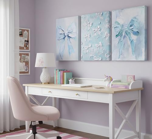 Image of 3Pcs Trendy Blue Bow Canvas Wall Art Vintage Cute Preppy Watercolor Bow Painting Pictures Wall Decor Posters Prints Girly Aesthetic for College Apartment Bedroom Decoration