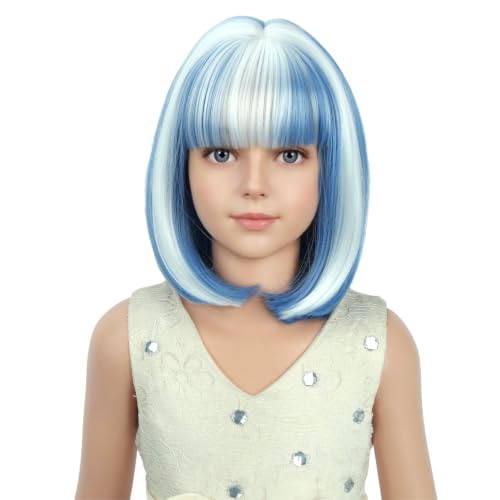 Image of PATTNIUM Blue and White Bob Wig Short Blue Straight Wig with Bangs Cosplay Party Synthetic Rose Net Daily Wear Wig