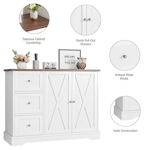 GarveeHome Buffet Cabinet with Storage, Farmhouse Kitchen Cabinet with 3 Drawers and 2 Doors for Kitchen, Dining Living Room, White