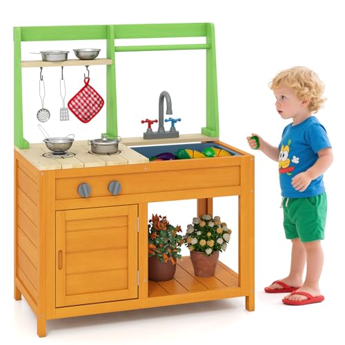 COSTWAY Cuisine Extérieure Enfant en Bois avec Évier et Robinet, Cuisine de Boue avec Bouton Rotatif et Four et Accessoires Riches, Étagère Ouverte, Cuisine Boueuse pour Enfant de 3 Ans+