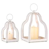 Staymoment Wood Lanterns Decorative Indoor: Farmhouse Hanging Candle Holder Set of 2 White Table Centerpiece Fireplace Mantle Shelf Rustic Home Decor Fall Decoration