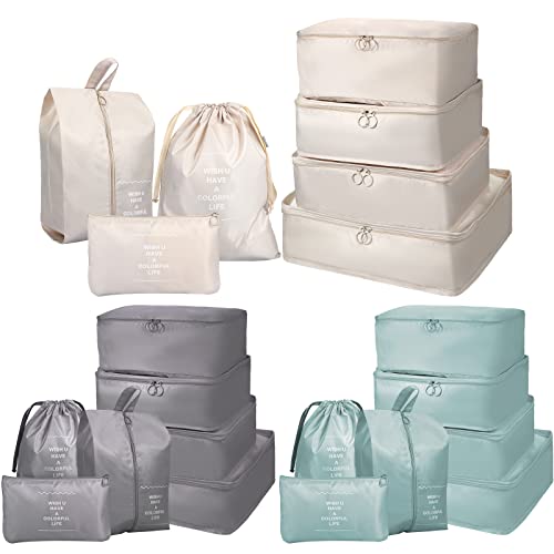 Chumia 21 Set Packing Cubes Back to School Travel Clothes Luggage Suitcases Organizer Trip College Dorm Toiletry Shoes Bag(Beige, Gray, Lake Blue)