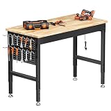 Établi Atelier Garage 121 x 60 cm, Table de Travail Robuste en Bois de Caoutchouc Massif, Capacité 907 kg, 6 Hauteurs(72 99 cm), Panneau Latéral Perforé avec Multiprise, pour Garage, Atelier et Bureau