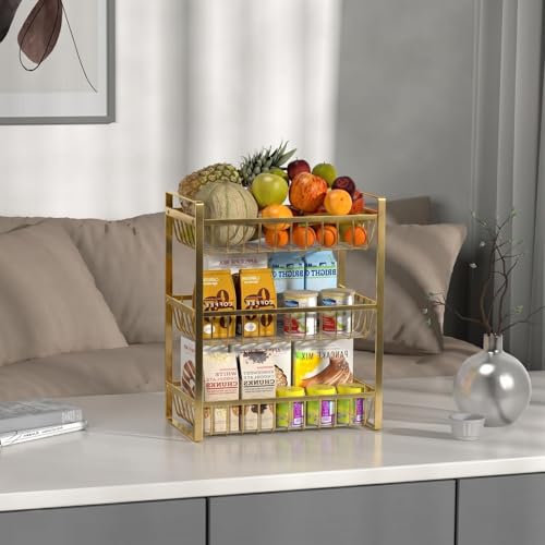 Image of 2 Tier Countertop Fruit and Vegetables Basket | Multipurpose Storage Organize Stand for Kitchen, Dining Table and Bathroom (3 Tier Gold)