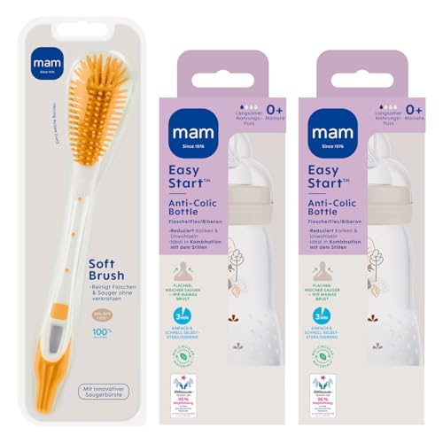 MAM Easy Start Anti-Colic Newborn Smart-Set 0+ self sterilising Baby Bottle Set 2 x 260ml with SkinSoft Teat Size1 from Birth MAM Soft Brush Bottle Brush Anti Scratch