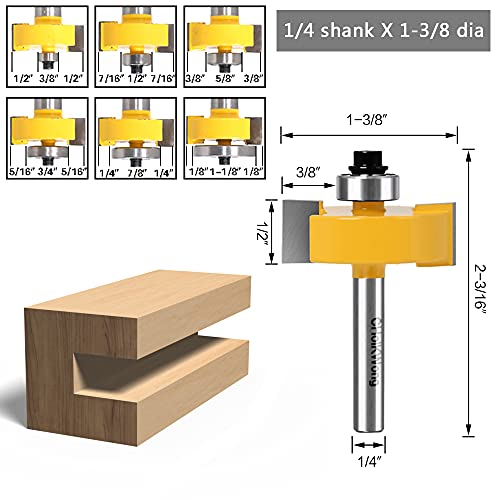 1/4 Inch Shank Rabbet Router Bit with 6 Bearings, CHoiKWong Carbide Tipped Rabbeting Router Bit Set for (Multi Depths 1/2", 7/16", 3/8", 5/16", 1/4", 3/16", 1/8", 1/16") Interchangeable Bearings