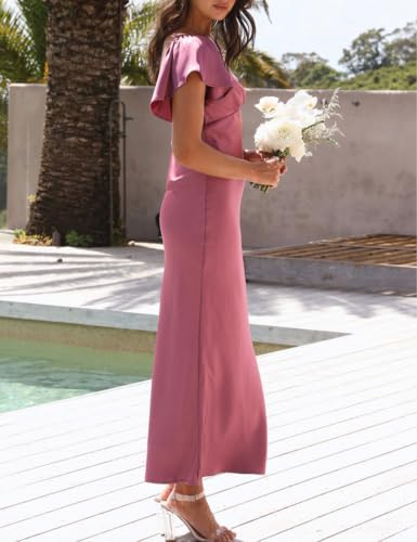 Image of VUBIYA Women's Summer Satin Midi Dress Flutter Sleeve Wedding Guest | Silk,Sweetheart Neckline with Cut Out Bust,Open Back Tie Detail,Elegant Formal,Cocktail Party,Bridesmaid,Vacation,Date Night