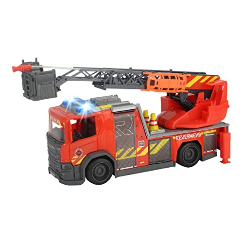 Dickie Toys Scania Escabeau rotatif pour pompiers avec fonction jet d'eau et de roses, lumière et...