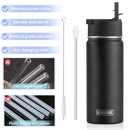 Image of koodee Insulated Water Bottle, 18 oz Stainless Steel Vacuum Wide Mouth Sports Water Bottle with Leak Proof Straw Lid (Black)
