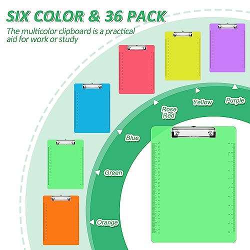 Plastic Clipboards, PANDRI 36 Pack Clear Colored Clipboards, Low Profile Clip Board 12.5 x 9 Inch Standard Letter Size, Office Supplies Classroom Teacher