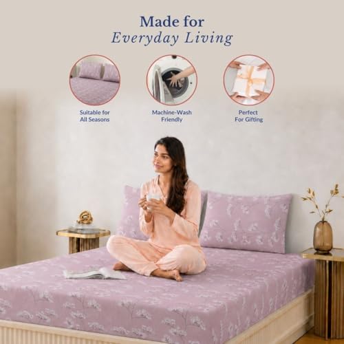 Image of Jaipur Weaves Queen Size Fitted Bedsheet Cotton with Elastic, 100% Pure Cotton Double Bed Fitted Sheet with 2 Pillow Covers, 240 TC,60x78 Inches up to 8-inch Mattress,Floral Design(Pink, Queen Fitted)