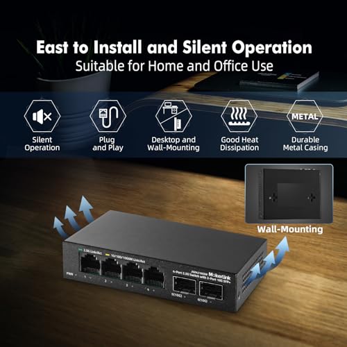 Image of MokerLink 4 Port 2.5G Ethernet Switch with 2x10G SFP+ Slot, 4x2.5G Base-T Ports Compatible with 100 /1000Mbps, Mini Size, Metal Unmanaged Fanless Network Switch