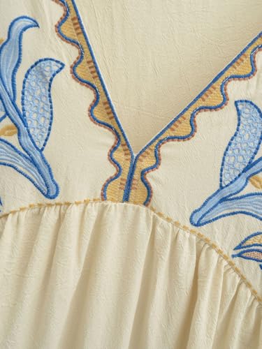 Image of Joiemont Womens Oversized Floral Embroidered Long Dress with V-Neck and 3 /4 Sleeves Vintage Embroidery Babydoll Dress