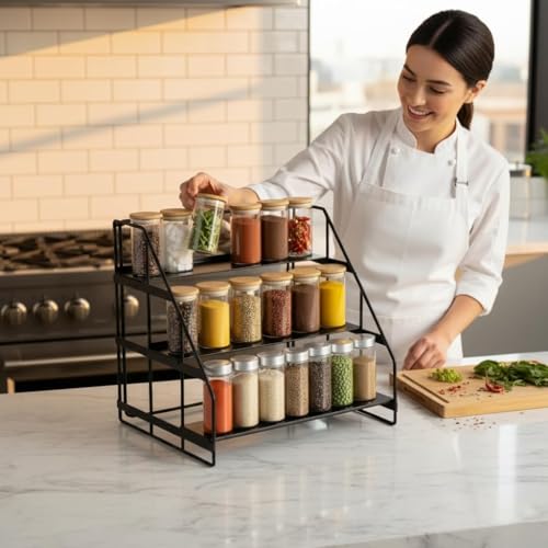 Image of Bathroom Floating Shelves Organizer 3 Steps for Spice Rack Holder Cabinet & Drawer Spice Rack Set for Kitchen (Kitchen)
