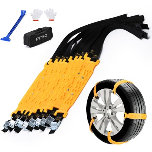 PTNHZ Universal Yellow 10pcs Car Snow Chains TPU Wheel Security Chains Adjustable Snow Tire Chains Belt Emergency Anti-Skid Anti-Slip For Cars Auto Trunk SUV Traction Snow Mud