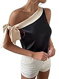 Verdusa Women's Tie Knot Colorblock Asymmetrical Neck Sleeveless Blouse Top Black M