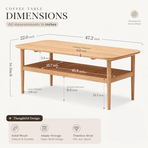 Image of Solid Oak End Table Wood Coffee Table, Modern Simple Style, Double-Layer, Rectangular, Natural Oak, Storage, for Small Spaces (Oak,47.2 inch x 22.0 inch x 16.5 inch)