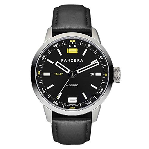 Montre Automatique Acier Panzera Time Master Peau Noir Date pour Homme