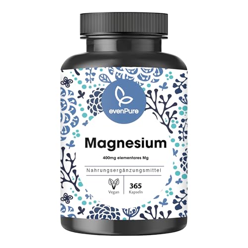 evenPure® Magnesium – 365 Kapseln (Jahresvorrat) – 400mg elementares Magnesium pro Kapsel – hochdosiert, vegan, ohne Zusätze – in Deutschland hergestellt & laborgeprüft.