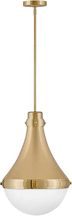Hinkley Oliver 39054BBR Medium Pendant Ceiling Light, Adjustable Height, Even or Sloped Ceiling, Tapered Spun-Metal Light and Etched Opal Glass Shade, in Bright Brass