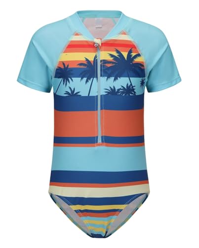 Image of Girls One Piece Rash Guard Swimsuits for Kids Girls Short Sleeve Bathing Suits with Front Zipper Swimwear 3-16 Years
