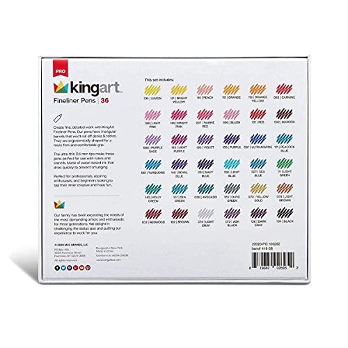 Kingart Pro Fineliners Fine Point Pens, 36-Piece Fine Tip Markers With Color Numbers, 0.4Mm Tips, Ergonomic Barrels, Brilliant Assorted Colors, Art Supplies For Coloring, Drawing & Detailing #TOP2
