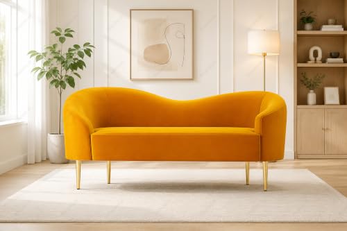 Image of Rosewood Luxury Curved Sofa in Premium Velvet-Fabric | Solid Wood Structure | High Density Foam | Sturdy Golden Legs | Comfortable & Stylish Couch for Living Room (Mustard Yellow, 2 Seater)