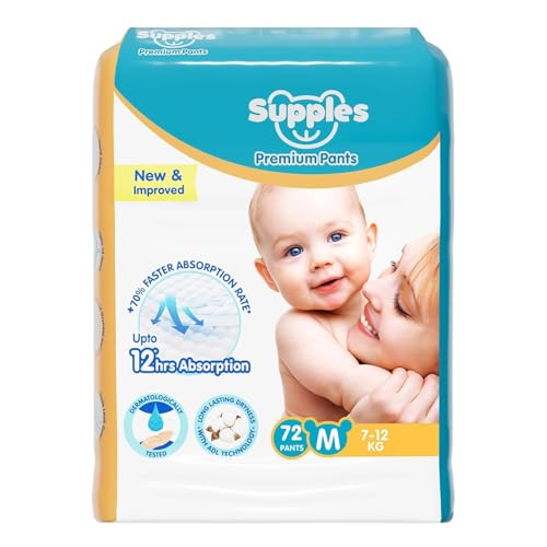 Image of Amazon Brand - Supples Premium Baby Diaper Pants | 72 Baby Diapers | Medium | 7-12 Kg | 12 Hrs Absorption | Cushiony Cotton Soft Fabric | Phthalates-Free | Triple Leak Guard