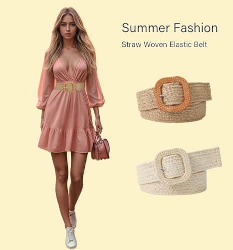 COTIM COYIN Women Braided Wide Belt Woven Waist Belt, Straw Woven Elastic Belt for Women for Dress Jeans Pants2