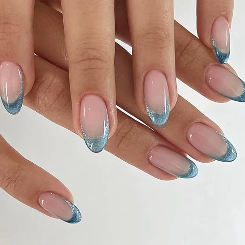 BelleFlair 24 pezzi Unghie Finte Mandorla Blu Verde Glitter, Unghie Artificiali Forma di Mandorla, Elegante Effetto Occhio di Gatto French Tip da Incollare, Unghie Finte Durature.