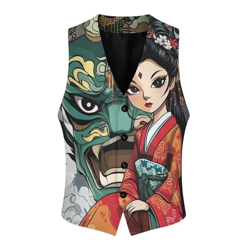 Japanese Geisha Ghost Mask Printed Men's Suit Vests Dress Vest V-Neck Waistcoat Slim Business Formal with Pocket4