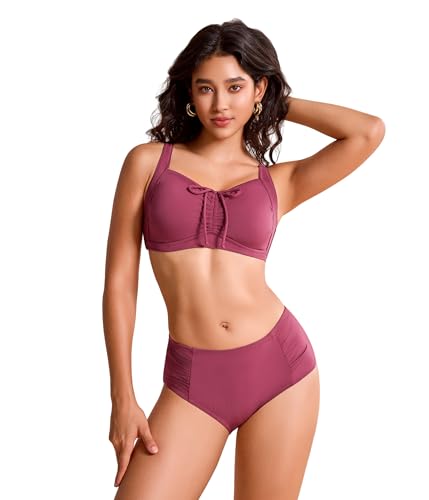 Bañador de Gran tamaño para Mujer, bañador con Control de Abdomen, Bikini Push-up con Top y pantalón de Talle Alto, Conjunto de Dos Piezas Grande tamaño (L, TH302-Red)